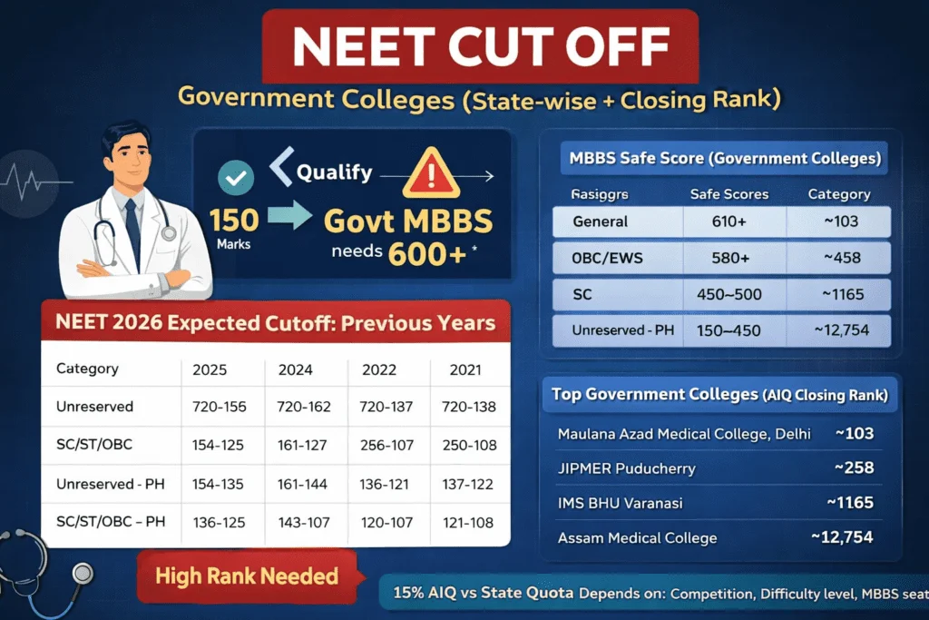 NEET 2026 Cutoff for Government Medical Colleges: State-wise, category-wise and rank-based admission analysis.